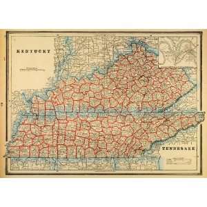  1893 Print Map Kentucky Tennessee State Counties Cities 