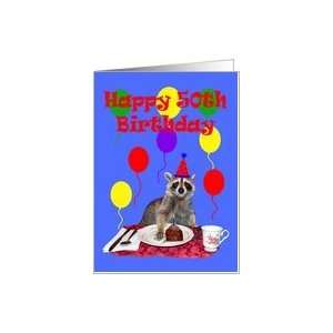  50th Birthday, Raccoon with cake and balloons Card: Toys 
