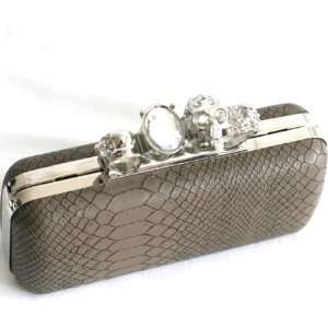  Skull Knuckle Duster Clutch   Grey Pu Leather Everything 