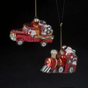   Glass Santa Truck and Train Christmas Ornaments 4.25