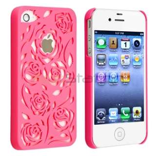 Hot Pink lovely Carving Flower Rose Rear Hard Cover case for iphone 4 