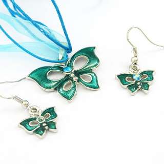 H988 Elegant Butterfly Noble Gemstone Necklace Pendant Earrings Set 