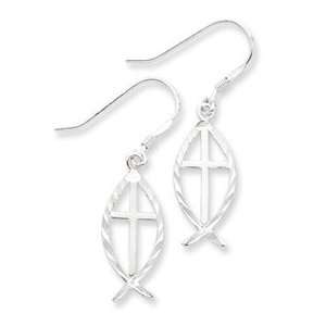  Sterling Silver Diamond Cut Cross w/Fish Earrings Jewelry