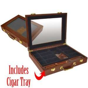  Wood Poker Chip Case With Cigar Tray 240 Capacity: Sports & Outdoors