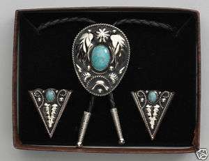   TURQUOISE STONE & 100% PURE SILVER COLLAR TIPS & BOLO TIE Matching Set