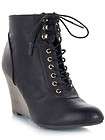 NEW QUPID Women Casual Lace Up Vintage Wedge Heel Boot Bootie sz Black 