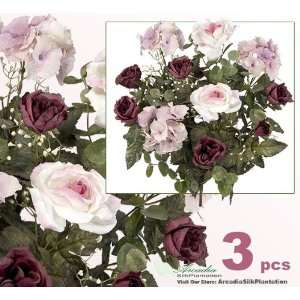 Three 17 Artificial Mandy Rose/Hydrangea Mixed Silk Flower Bushes 