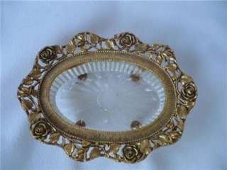   Trinket Soap Dish Oval Gold ROSES Footed Glass Insert Regency  