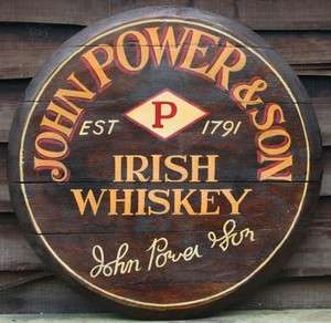   POWER & SON IRISH WHISKEY Wooden Pub Sign   Oak Barrel End   Powers