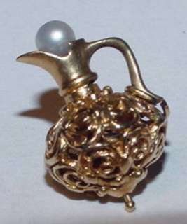 Estate 14K Gold Charm Jar Lacy Jeweled Pearl Vintage 3D  