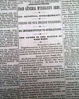 BATTLE OF CROSS KEYS VA Chattanooga TN 1862 Civil War Old Newspaper 
