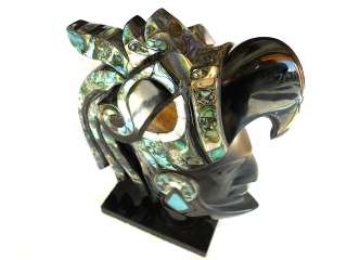 Handmade Aztec art~Black obsidian eagle Warrior head~Shell & .925 