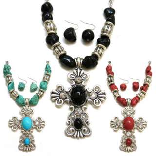 Chunky Cross Stone Rhinestones Beads Detailed Necklace Set  