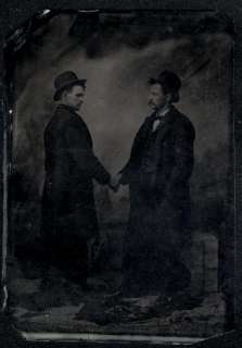   Tintype Photo 2 Victorian Men Shaking Hands Wearing Hats & Long Coats
