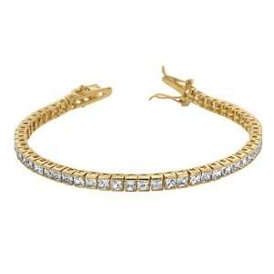 Goldtone tennis bracelet, princess cut CZs, channel setting, box clasp