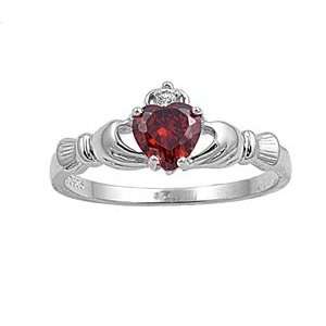 Sterling Silver Ring   Garnet Heart and Clear CZ   Prong Set   10 mm x 