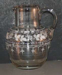 Antique Victorian Blown Art Glass HP Enamel Pitcher  
