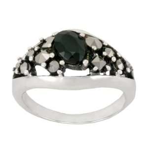  Sterling Silver Marcasite and Onyx Oval Band Ring, Size 9 
