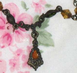  VICTORIAN STYLE SIGNED 1928 BRONZETONE GREEN & AMBER CRYSTALS NECKLACE