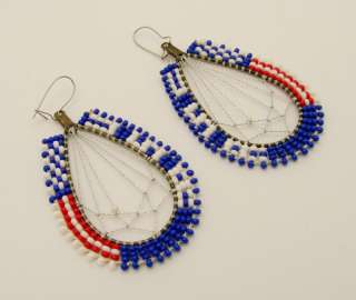 Tribal Red White Blue Dreamcatcher Earring Set Beaded  