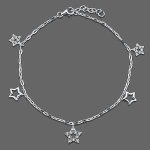 Sterling Silver Anklet Ankle Bracelet Cubic Zirconia CZ Stars Charms 