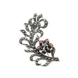   Sterling Silver Marcasite Genuine Garnet Flower Vine Brooch Jewelry