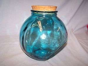 Vintage Aqua Blue Glass Tilted Canister with Cork Storage Cookie Jar 