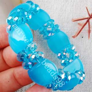 AB Sapphire Blue Crystal Cats Eye Beads Bracelet G1495  
