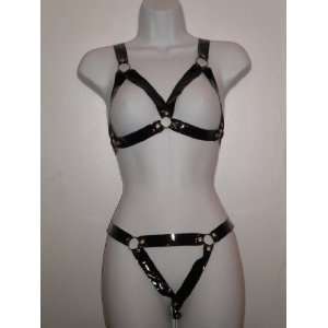   Punk Straps Set OPEN Thong + Bra Leather Like: Health & Personal Care