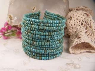Wide Turquoise Color Bead Cuff Bracelet Nice  