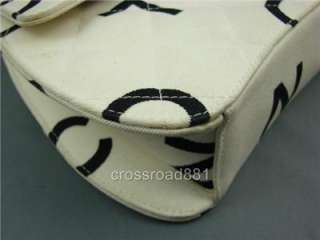 Authentic Chanel White Cotton Canvas Hand Bag Good  
