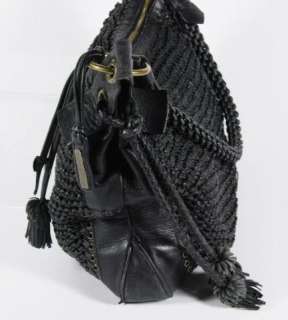 Isabella Fiore Black Leather Woven Shoulder Bag tassles Weave Rope 