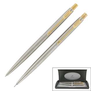   Classic Stainless Steel Gold Trim Pen and Pencil Set 