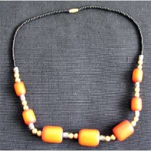  African Necklace Squarish Beads Amber Orange Color with 