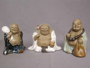 Ceramic Miniature Figurines Shiwan Oriental Set of 3 Smiling Budda 