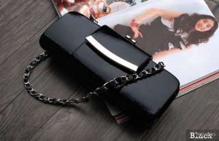 Black Kiss Lock Patent Leather Chain Clutch Evening Bag  