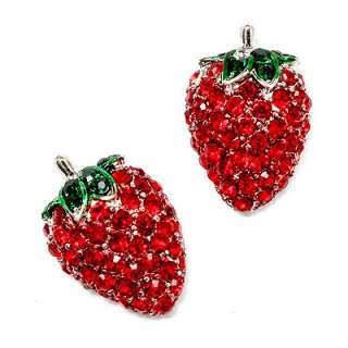   Paved Strawberry Shape 18mm Stud Earrings Silver Tone Green Red  