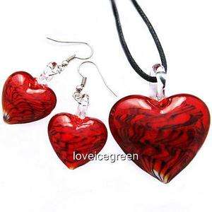Red Heart Lampwork Murano Glass Necklace Earrings Set  