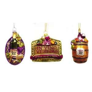 Set of 3 Tuscan Winery Themed Glass Christmas Ornaments:  