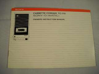 SONY Owners Manual For Vintage Cassette Player Recorder Model # TC 110 
