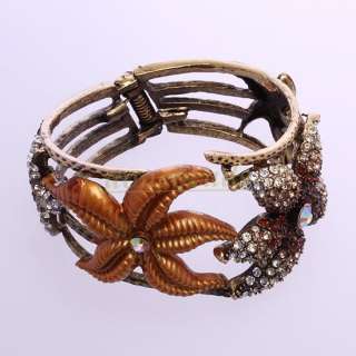 Bridal AB Crystal Starfish Copper Cuff Bracelet Bangle  