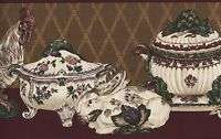 WALLPAPER BORDER ANTIQUE DISHES AND ROOSTER  