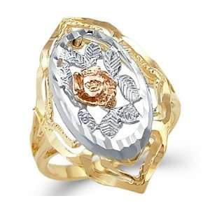   14k Yellow White n Rose Tri Color Gold Rose Flower Ring: Jewelry