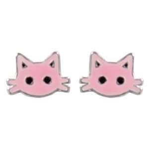   Sterling Silver Enamel Stud Earrings   Pink Cat with Whiskers Jewelry