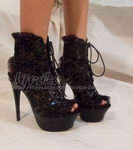 fashion womens black lace high heel shoes platform emo FREE SHIPPING 