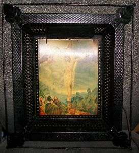 Vintage 3D Lighted Jesus Crucifix Picture Metal Frame  