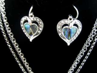 New Silver Abalone Marcasite Chunky Heart Necklace Set  