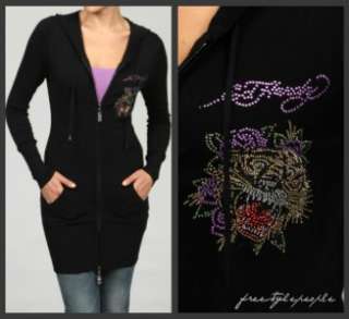 168 New ED HARDY Black W/Studs TIGER Zip Up Hooded Tunic Sweater Top 