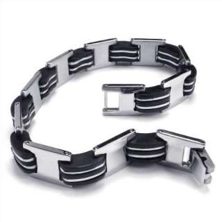 Men Black Silver Stainless Steel Rubber Bracelet Bangle  