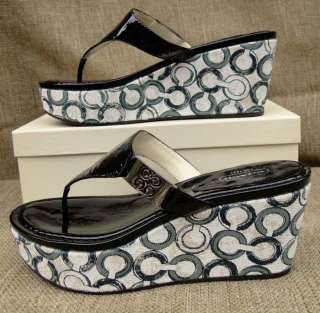 New in Box Coach Jan Crinkle Patent Op Art Wedge Sandal  